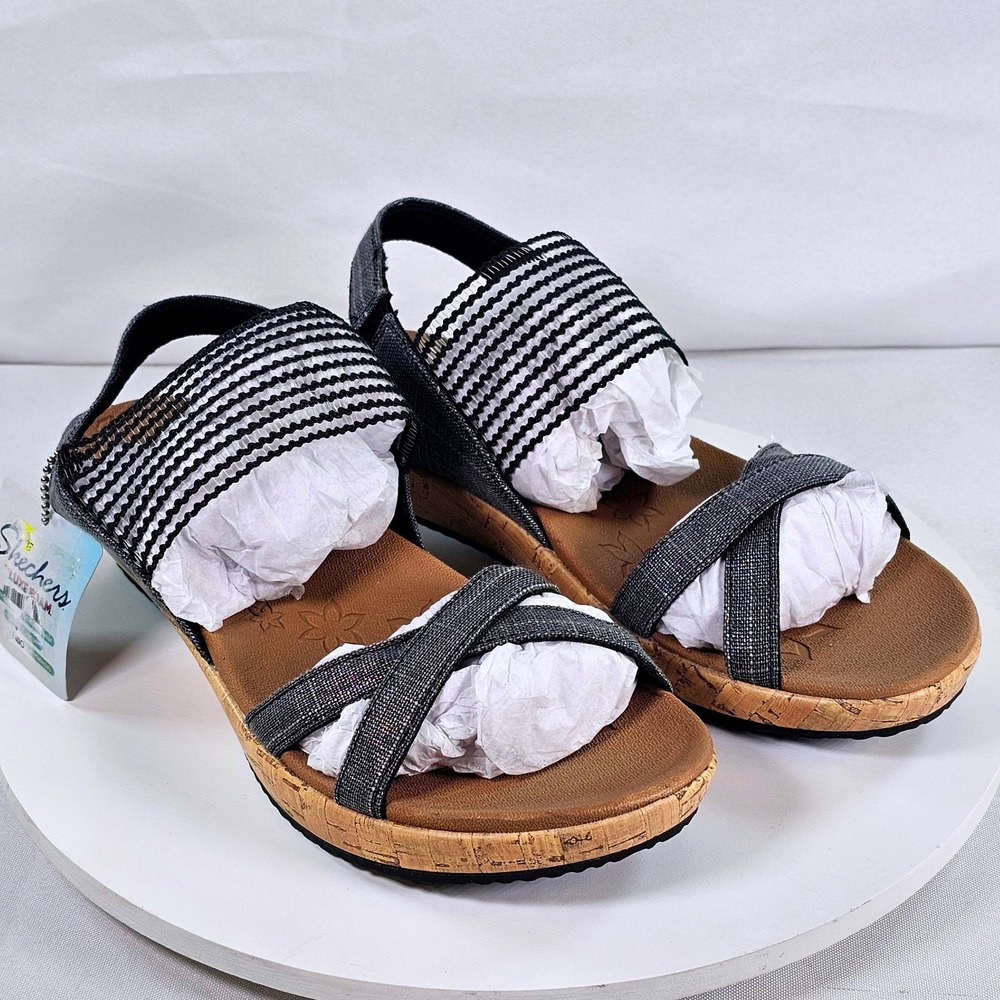 Skechers‎ Cali Rumble On Camp Glam Black Wedge Sandals 32829 Luxe Foam Womens 7